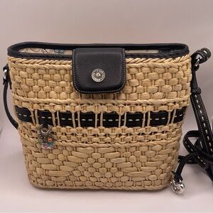 Brighton Woven Crossbody Straw Purse w/Black Leather Trim & Charms | 8.5” x 10”